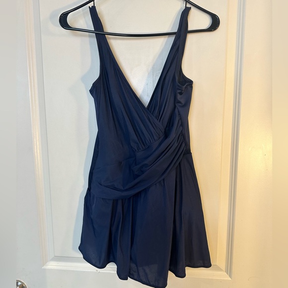 NWOT Miraclesuit x ORVIS Navy Blue V- Neck Stomach Ruching Swim Dress, Size 14